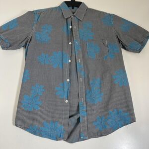 Stussy Shirt Mens Medium Blue Floral Gingham Short Sleeve Button Up Casual
